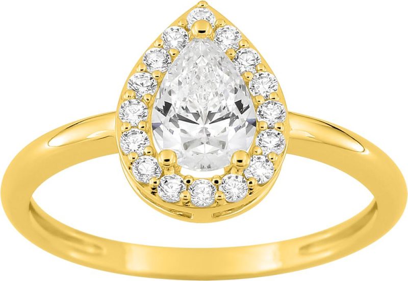 Bague plaqué or jaune sertie d’un oxyde de zirconium taille poire avec entourage. Tailles du 48 au 62. En ligne et en boutique à Montmorency.