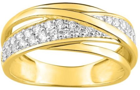 Bague large en plaqué or jaune à anneaux croisés, pavée d’oxydes de zirconium blancs. En ligne et en boutique à Montmorency.